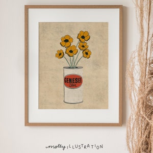 May include: A vintage-style illustration of a can of Genesee Beer with a bouquet of yellow flowers in the can. The can is white with a red and black label that says "Genesee Beer".