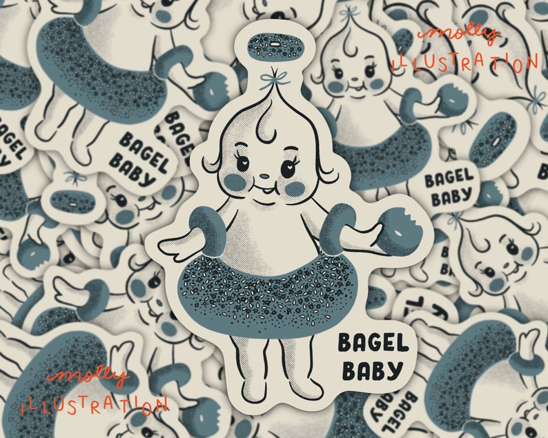 Bagel Baby Kewpie Cartoon Sticker Waterproof Vinyl Sticker Retro Style, Vintage Inspired, Mid Century Illustration image 1