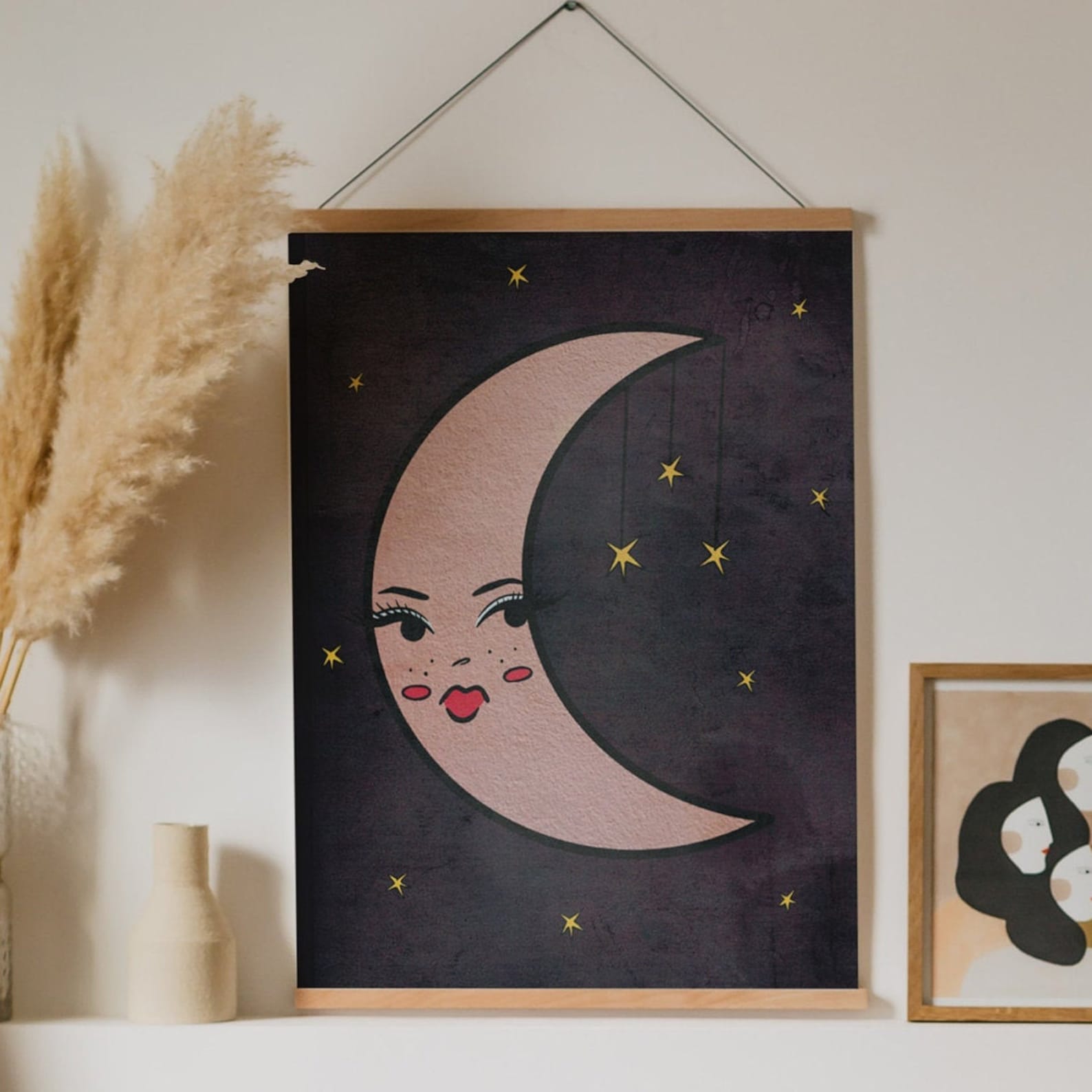 Pouty Moon Mid Century Style Cartoon 9x12in Art Print
