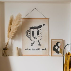 Wired But Still Tired Coffee Rubberhose Vintage Style Cartoon Art Print 9x12