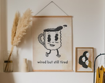 Wired But Still Tired Coffee Rubberhose Vintage Style Cartoon Art Print 9x12