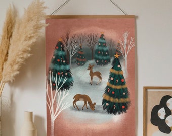 Holiday Forest Mid Century Inspired Art Print Home Decor 9x12 inches