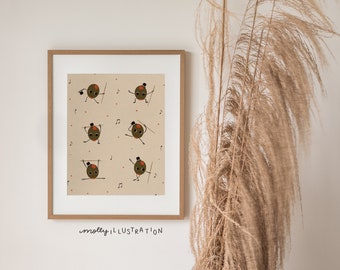 Pimento the Dancing Olive Art Print- Vintage Style Wall Decor for Food Lovers