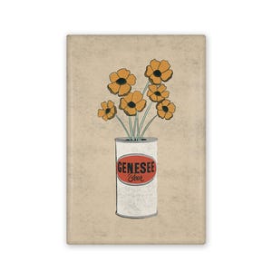 May include: A vintage-style illustration of a can of Genesee Beer with a bouquet of yellow flowers in the can.