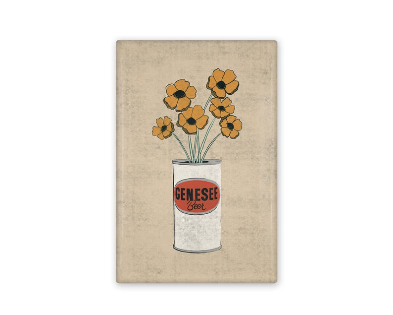 May include: A vintage-style illustration of a can of Genesee Beer with a bouquet of yellow flowers in the can.