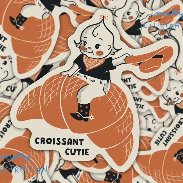 Croissant Cutie Kewpie Cartoon Sticker Waterproof Vinyl Sticker- Retro Style, Vintage Inspired, Mid Century Illustration