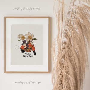 Impresión artística de dibujos animados ilustrados con flores silvestres para decoración del hogar