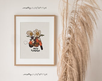 Wild Flowers Illustrated Cartoon Art Print Home Decor