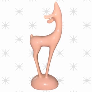 May include: A smooth, light pink ceramic figurine of a stylized deer standing on an oval base. The deer has a long, slender neck, pointed ears, and a small tail, with a glossy finish that reflects light across its curved, minimalist form.