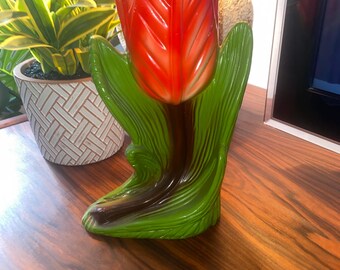 Vintage Red Tulip Vase: Plastic Flower Arrangement, Spring Decor