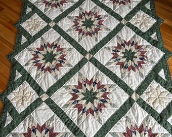 Vintage Lone Star Quilt 60x80 Grün & Burgundy Floral Sterne Patchwork Bauernhaus Weihnachten Dekor Keeco Star Decke Twin Quilt Cottage