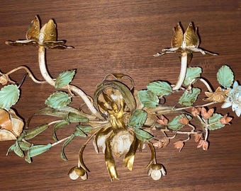 Vintage Italienischer Wand Tole Blumen Kronleuchter Mit Gold Rosen & Blättern