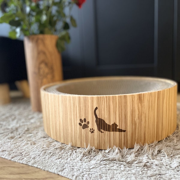 Rascador para gatos+ lugar de descanso, Cuenco de madera con cama de cartón integrada, Tabla de afilar garras para gatitos, Muebles minimalistas personalizados para mascotas