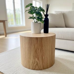Könnte beinhalten: Ein zylindrischer Beistelltisch aus Holz mit natürlicher Holzmaserung. Ein weißer Keramiktopf mit einer grünen Pflanze und eine schwarze Diffusorflasche mit Schilf stehen darauf. Der Tisch steht auf einem weißen Teppich.