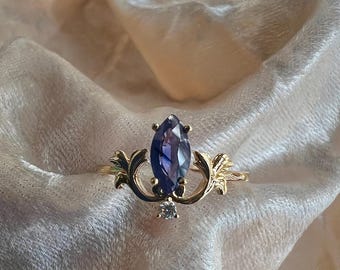 Natural Sapphire Ring, 14k Yellow Gold Diamond Accent Victorian Floral Style