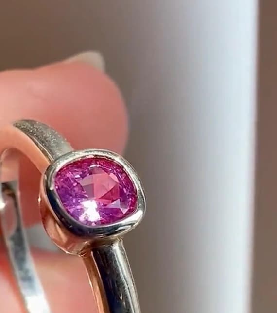 Pink Sapphire Ring, Bezel Set Sterling Silver, September Birthstone