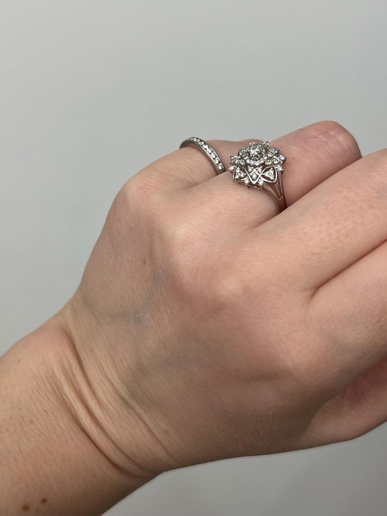 Vintage natural diamond ring ballerina style ring with natural solid platinum April Birthstone cocktail statement anniversary image 10