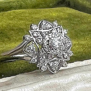 Vintage natural diamond ring ballerina style ring with natural solid platinum April Birthstone cocktail statement anniversary image 1
