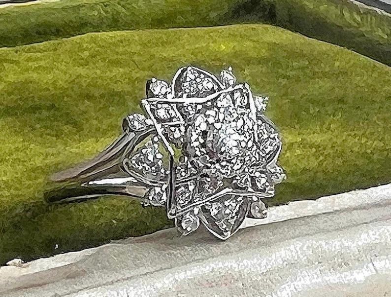 Vintage natural diamond ring ballerina style ring with natural solid platinum April Birthstone cocktail statement anniversary image 1