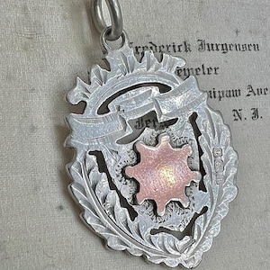 Edwardian silver rose gold shield medallion chain fob necklace brace pendant charm double sided blank