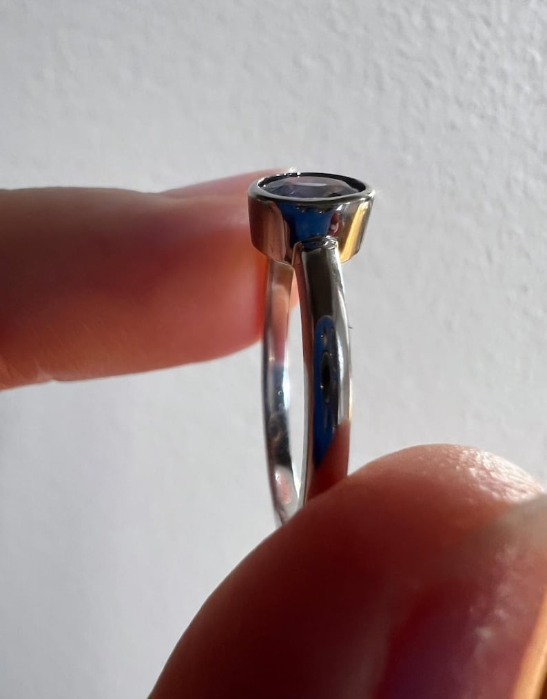 Pu&ograve; includere: Un anello d'argento con una piccola pietra preziosa rotonda di colore viola scuro.
