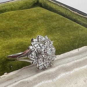 Vintage natural diamond ring ballerina style ring with natural solid platinum April Birthstone cocktail statement anniversary image 3