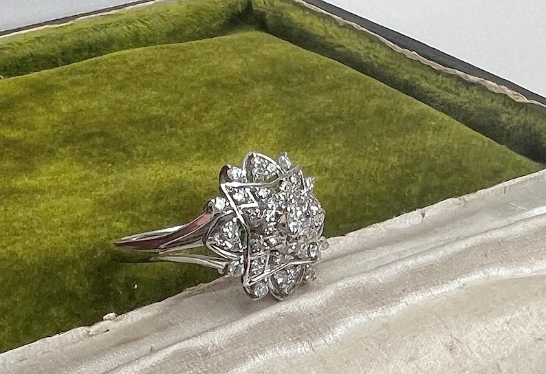 Vintage natural diamond ring ballerina style ring with natural solid platinum April Birthstone cocktail statement anniversary image 3