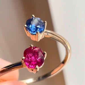 Natural ruby ring with natural sapphire Toi et Moi 14k Yellow Gold Split Shank July September birthstone