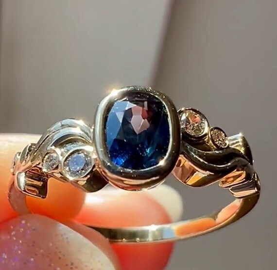 Natural sapphire ring 14k gold September birthstone certified natural diamond accent vintage style