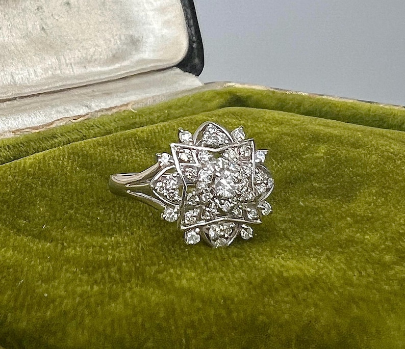 Vintage natural diamond ring ballerina style ring with natural solid platinum April Birthstone cocktail statement anniversary image 2
