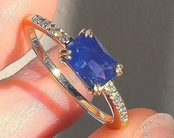 Natural blue sapphire emerald  Cut Color Change Diamond Ring 14k Yellow Gold engagement proposal ring