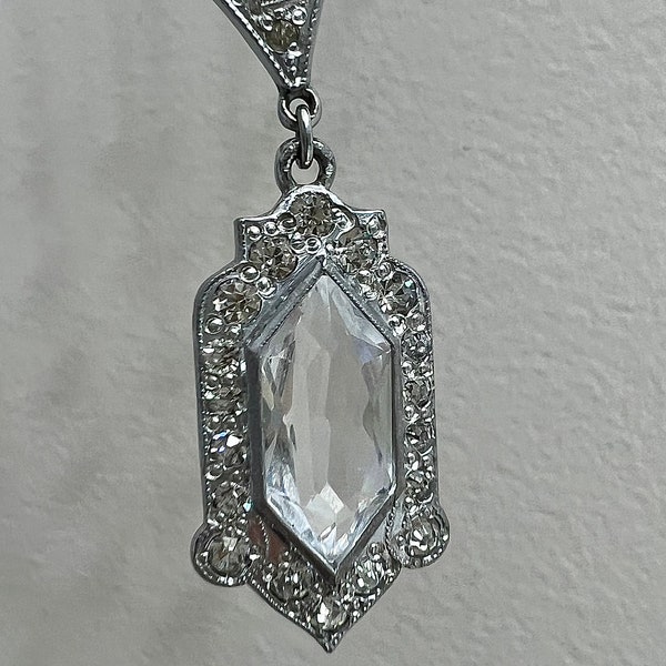 Antique Edwardian necklace pot metal silver tone magical beautiful detailed paste pendant crystal enchanted