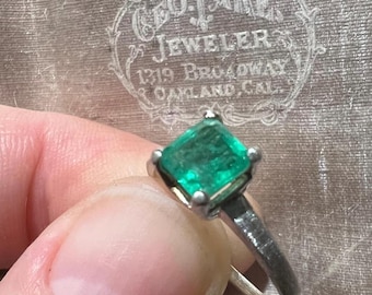 Vintage Emerald Ring, Square Cut Green Gemstone, Sterling Silver Setting
