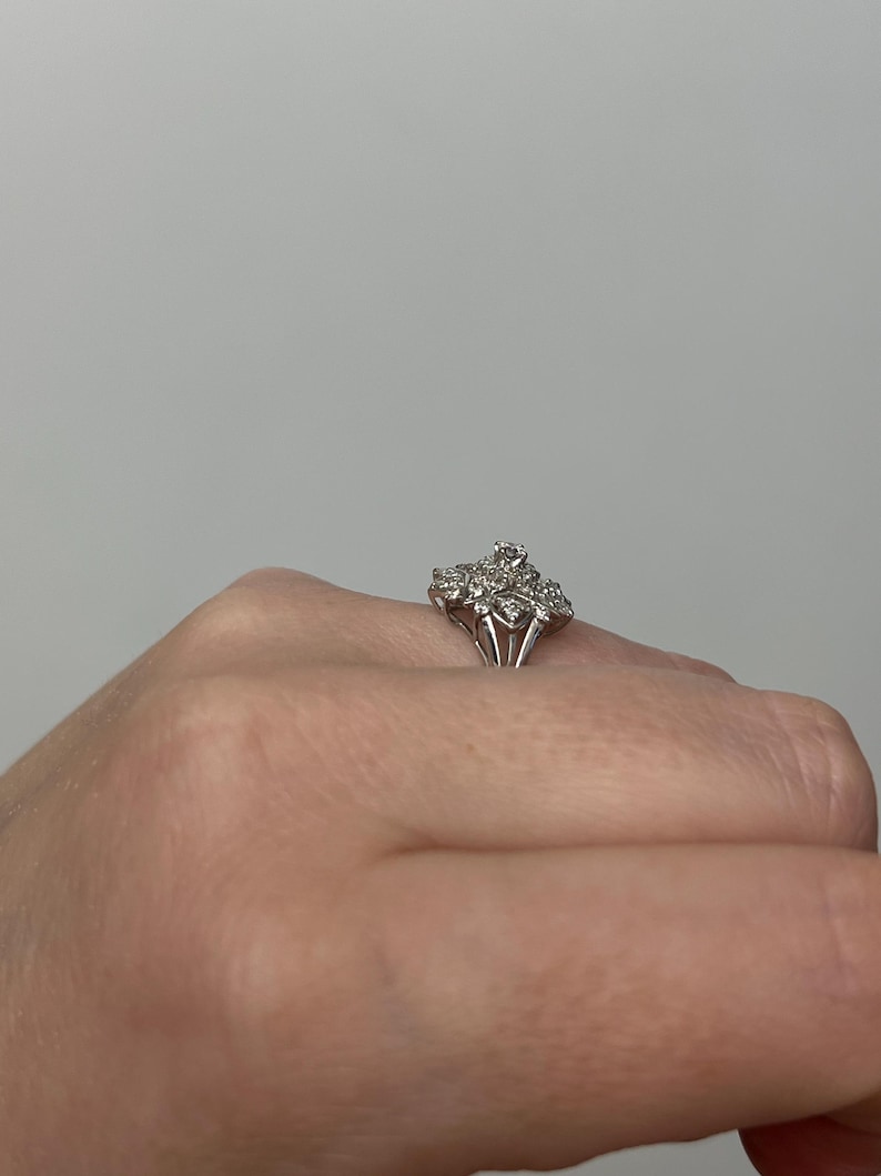 Vintage natural diamond ring ballerina style ring with natural solid platinum April Birthstone cocktail statement anniversary image 11