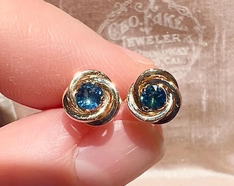 Natural Sapphire Earrings Knot motif stud style solid 14k yellow gold blue gemstone September birthstone