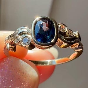 Natural sapphire ring in 14k solid Yellow Gold Natural Diamond Accent