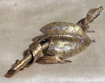 Antique aesthetic movement brooch Victorian bamboo bar pin chinoiserie one of a kind solid gold yellow white pink engraved 14ct japonisme