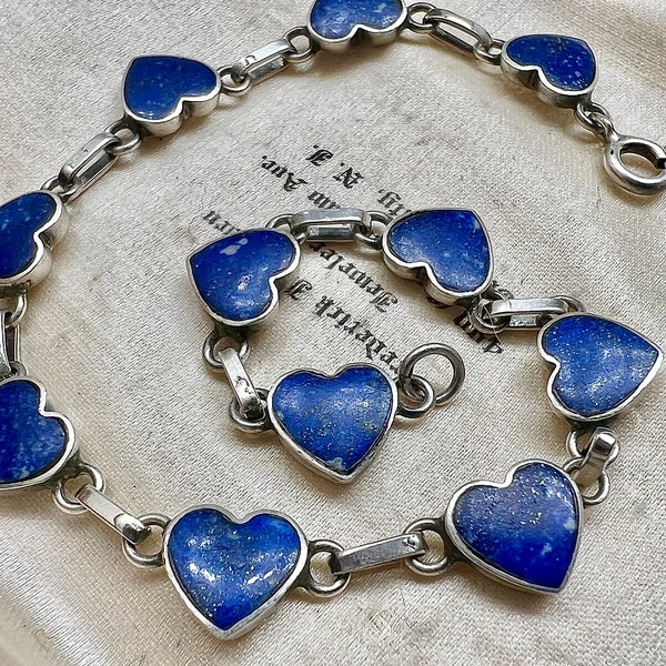Vintage lapis lazuli bracelet heart with gold pyrite flakes genuine gemstone solid sterling silver link ring clasp rare Alhambra