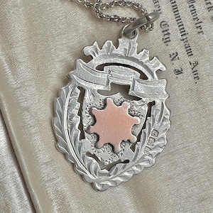 Edwardian silver rose gold shield medallion chain fob necklace brace pendant charm double sided blank