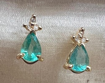 Natural emerald earrings 14k kt with  diamond accents vintage stud May birthstone