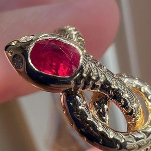 Victorian inspired Snake Ring 14k Gold, Ruby & Diamond Serpent