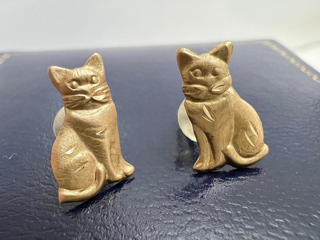 Vintage Cat Earrings Solid 14k Yellow Gold Detailed Sculptured Etsy