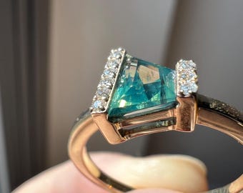 Natural Sapphire ring in solid 14k gold September birthstone Gemstone opalescent natural diamond geometric accents rare