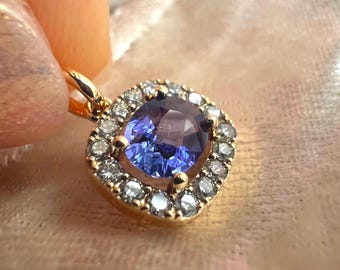 Natural blue sapphire pendant with natural Diamond Halo Necklace 14k Yellow Gold Untreated September birthstone