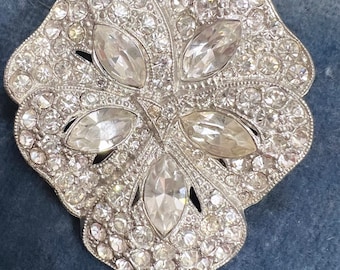 Antique dress clip pansy forget-me-not Art Deco flapper girl jewelry silver pot metal crystals glass diamond costume brooch