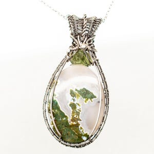 Moldavite with Moss Agate necklace wire wrapped in Sterling Silver