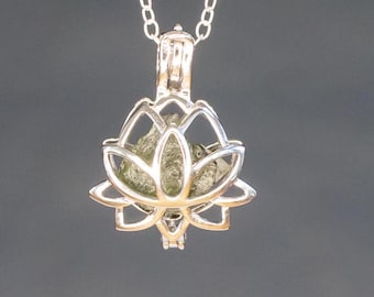 Moldavite with Herkimer or Ukrainian Phenakite Silver Necklace | Sacred Geometry Lotus Flower, cage pendant with certificate