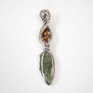 Moldavite necklace with Fire Agate wire wrapped in Silver with certificate of authenticity from Czech Republic