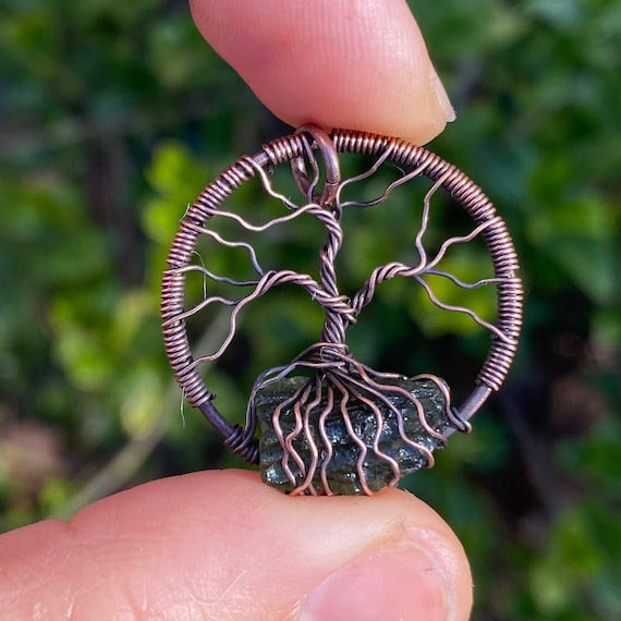 Moldavite Tree of Life Pendant: Copper Wire Wrapped Certificate