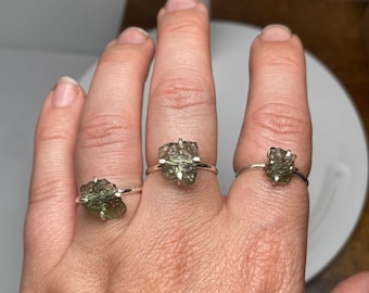 Genuine Moldavite Sterling Silver Ring: Raw Crystal 0.5-1g crystal with certificate from Czech Republic